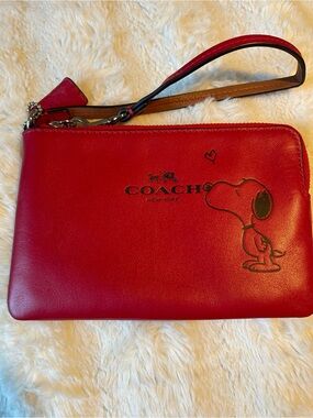 COACH Red Snoopy Leather Wristlet Pouch